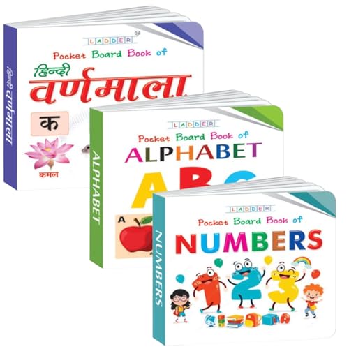 Mini Board Book Set: English Alphabets, Numbers 120, Hindi Letters & Consonants  3 Picture Books for Kids Early Learning Age 2