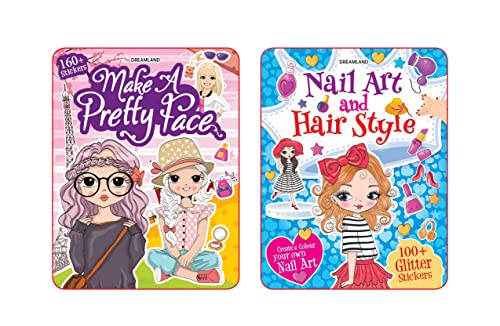 Make a Pretty Face & Nail Art Hair Style  Pack of 2 Activity Books for Kids | Fun Colouring & Sticker Books with Cute Faces, Hai
