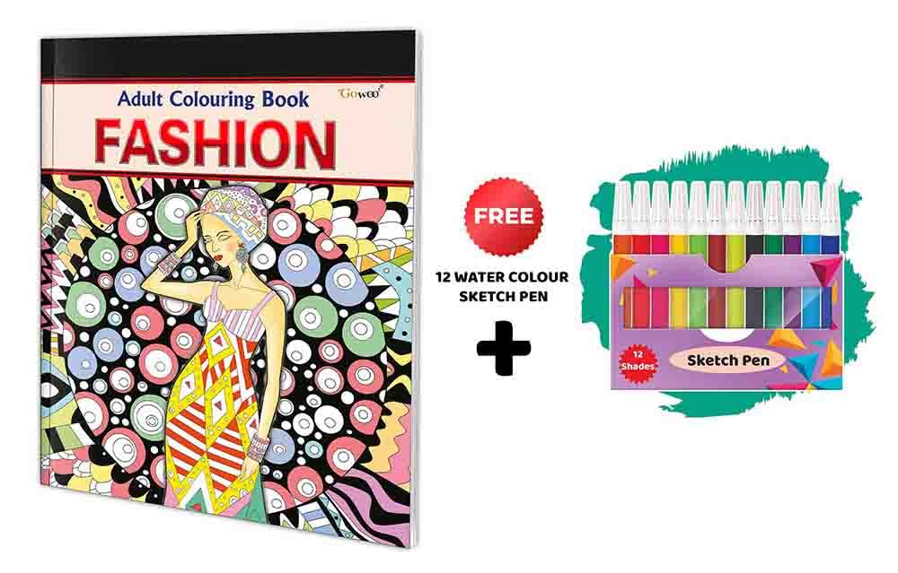 Fashion  Adult Colouring Book With 12 Water Colour Sketch Pen : Colouring book for adults, Mindful Coloring Book, Calming Color