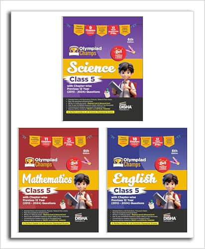Disha Combo Class 5 (set of 3 books) Olympiad Champs Science, Mathematics & English with Chapterwise Previous 12 Year (2024  2