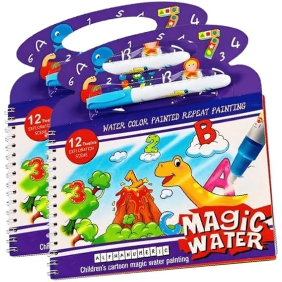 SHNMN Reusable Magic Water Painting Book for Kids, MessFree Colour Learning Activity Book with Water Pen, Reappearing Coloring 