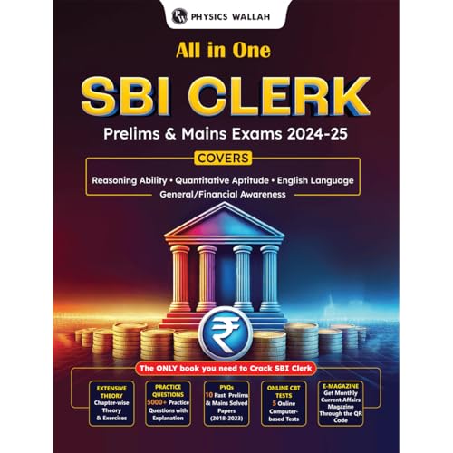 PW All in One SBI Clerk Prelims and Mains 202425 Exams | 10 Previous Year Solved Papers (PYQs) 2018  2023 with 5 Online Practi