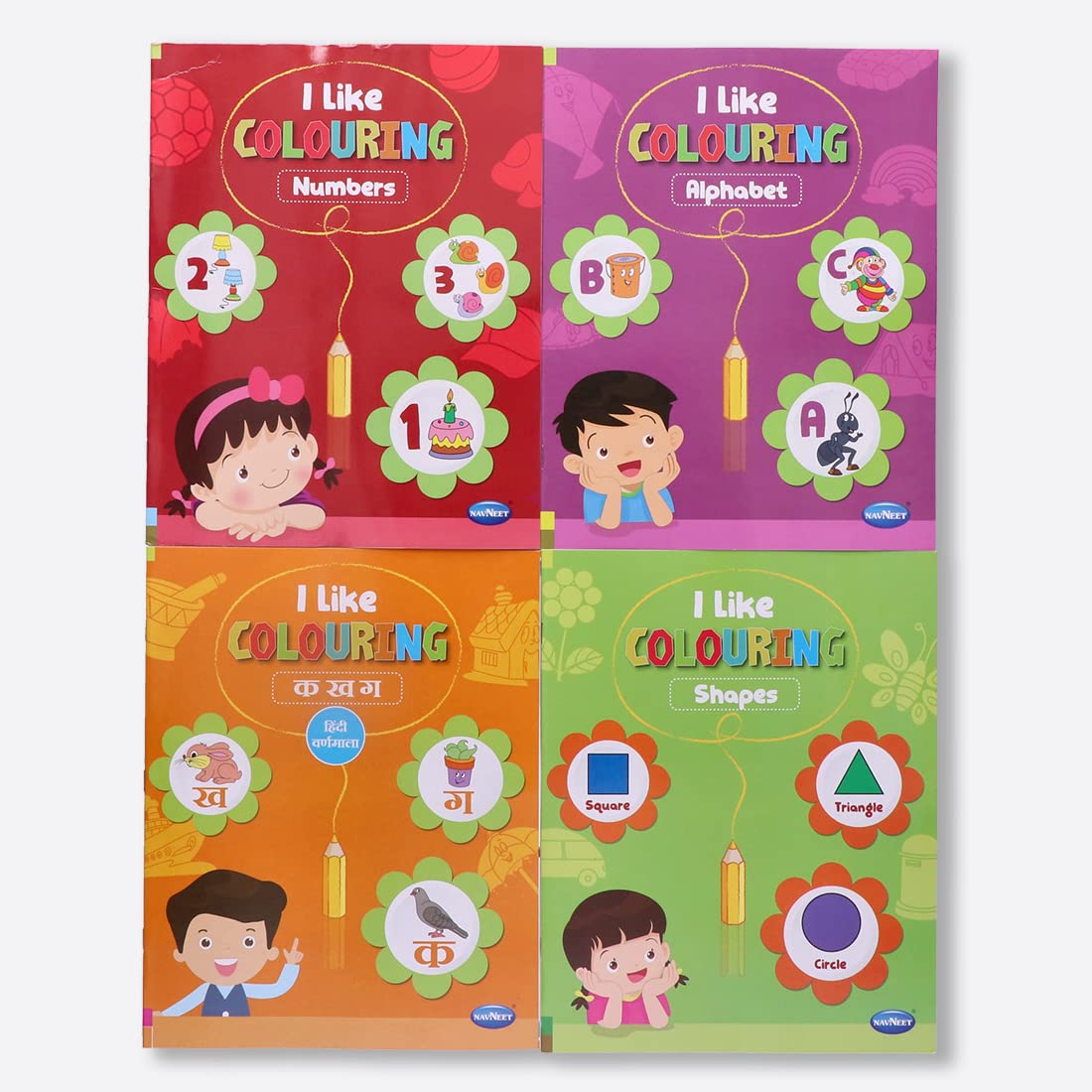 Navneet I Like Colouring Book Series(Alphabet, Numbers,Ka Kha Gha And Shapes) Age Approipriate Colouring Books Youva Colours