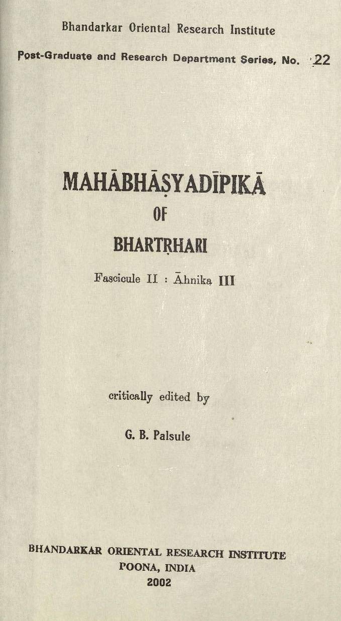 Mahabhasyadipika Of Bhartrhari  Ahnika Iii