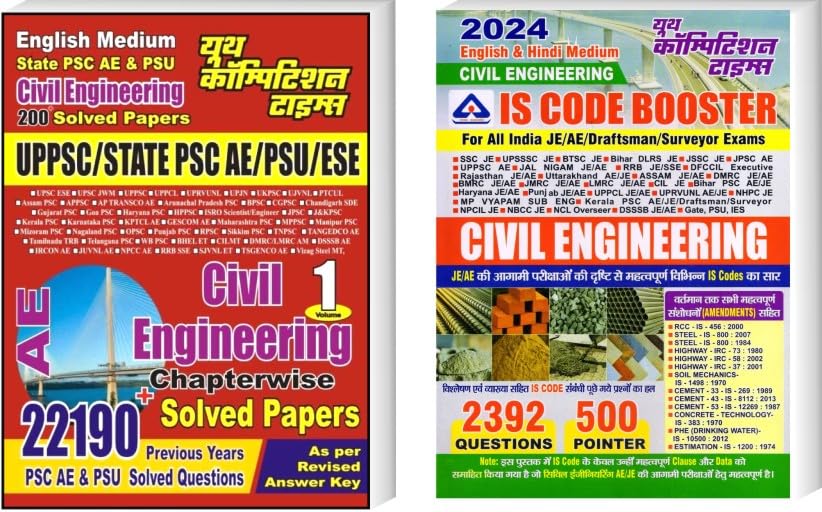 Youth Comprtition Times AE CIVIL ENGINEERING SOLVED PAPERS Volume 1 + IS CODE BOOSTER BILINGUAL | COMBO PACK OF 2 BOOKS