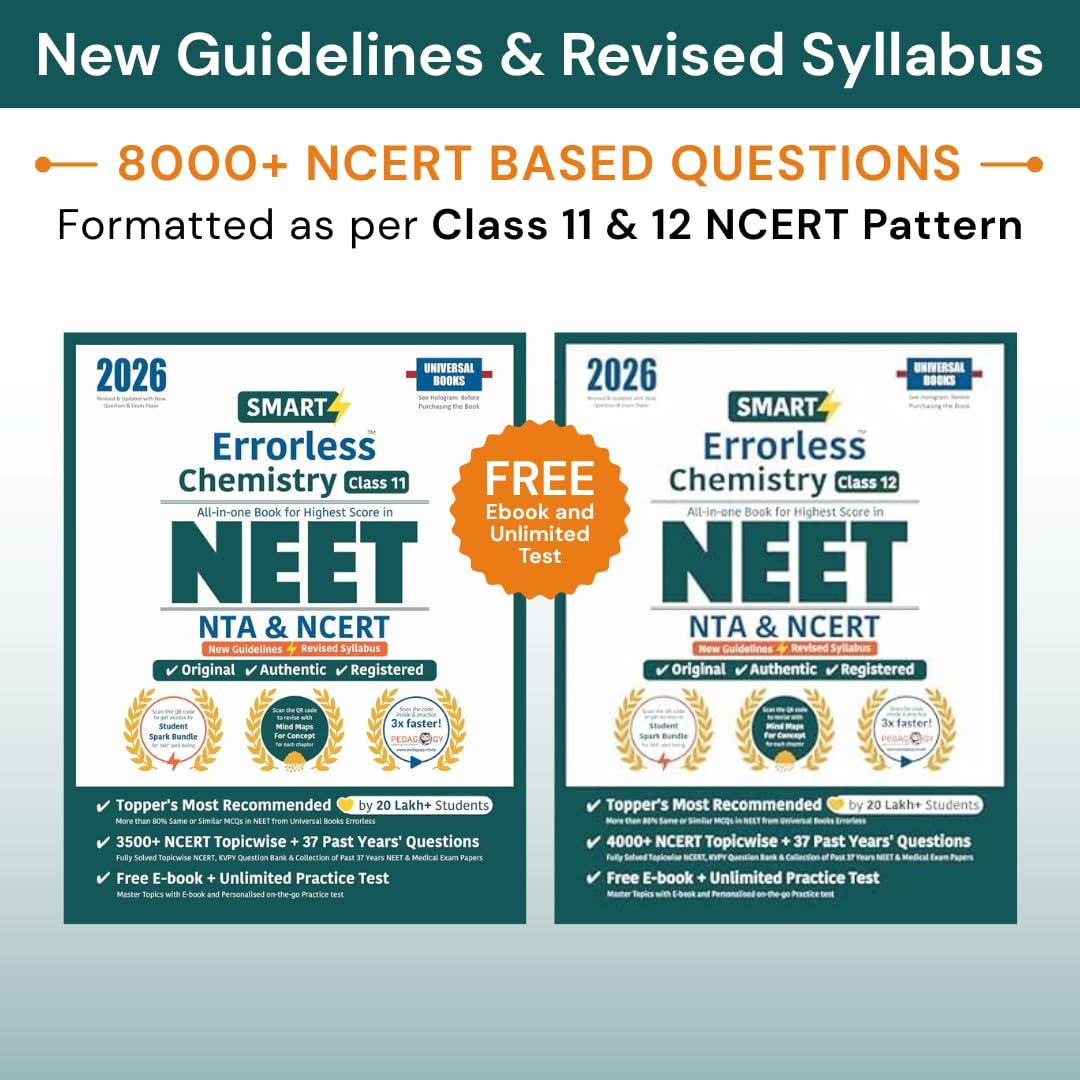 Smart Errorless Chemistry NEET Class 11 & 12 (2026) | NCERT Based | 7500+ NCERT & New Pattern Questions | 37 Past Years Papers |