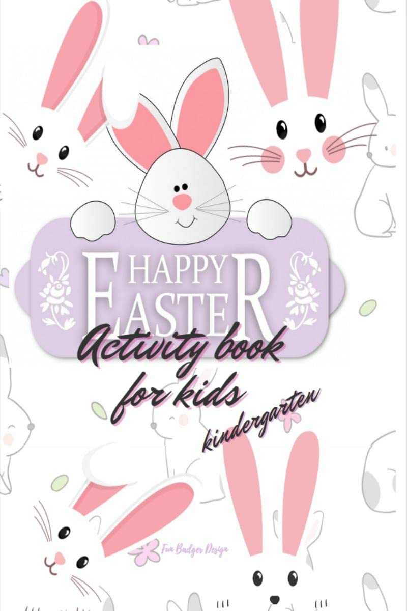 Happy Easter activity book for kids : Eggs with pattern and bunnies on black background, dotted lines, mazes, easy to color, for