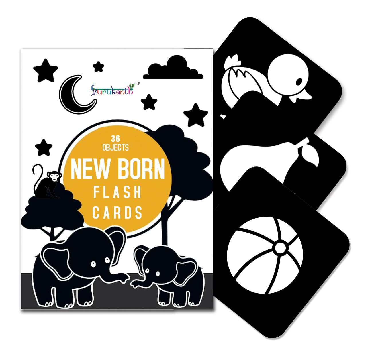 Gurukanth Premium High Contrast Flash Cards For New Born Children  Black & White | 36 Objects | Age Group: 01 Year