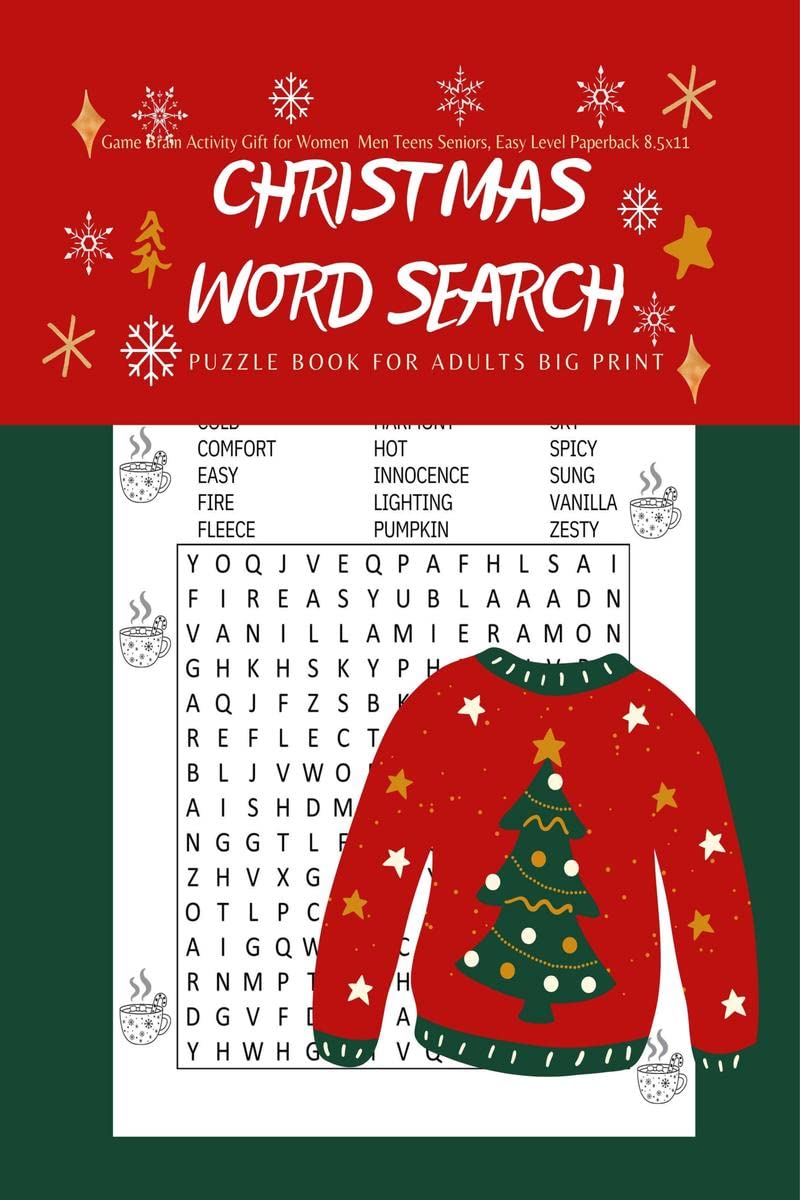 Christmas Word Search Puzzle Book For Adults Big Print : Game Brain Activity Gift for Women Men Teens Seniors, Easy Level Paperb