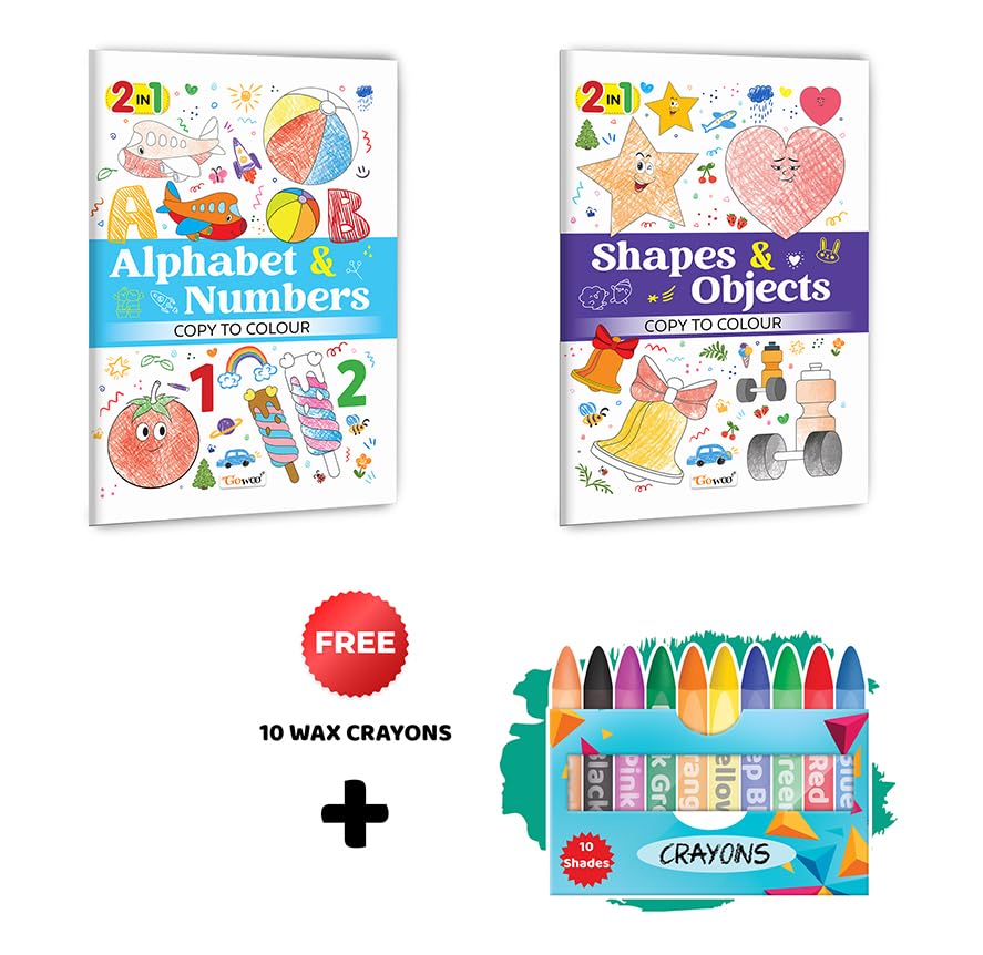 2 in 1 Copy to Colour  Alphabet & Numbers and Shapes & Objects with 10 Wax Crayons : Unique creative combo, Fun 2 in 1 colouri