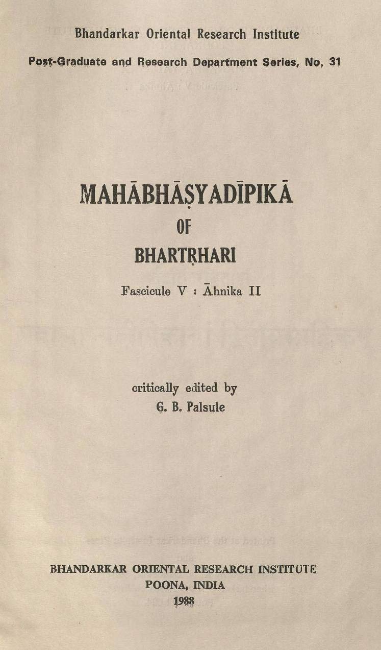 Mahabhasyadipika Of Bhartrhari  Ahnika Ii