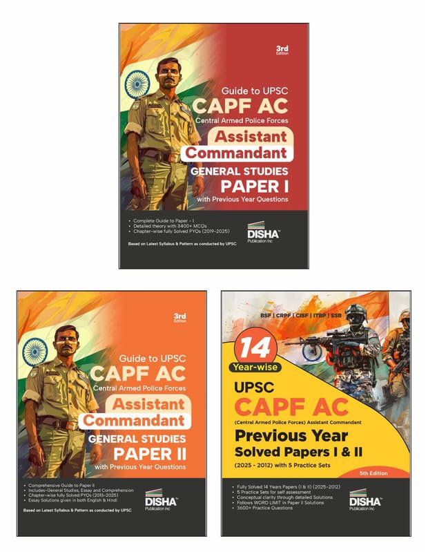 Disha Combo (set of 3 Books) UPSC CAPF AC Kendriya Sashastra Police Bal Assistant Commandant Papers I & II Guide, 14 Solved Pape