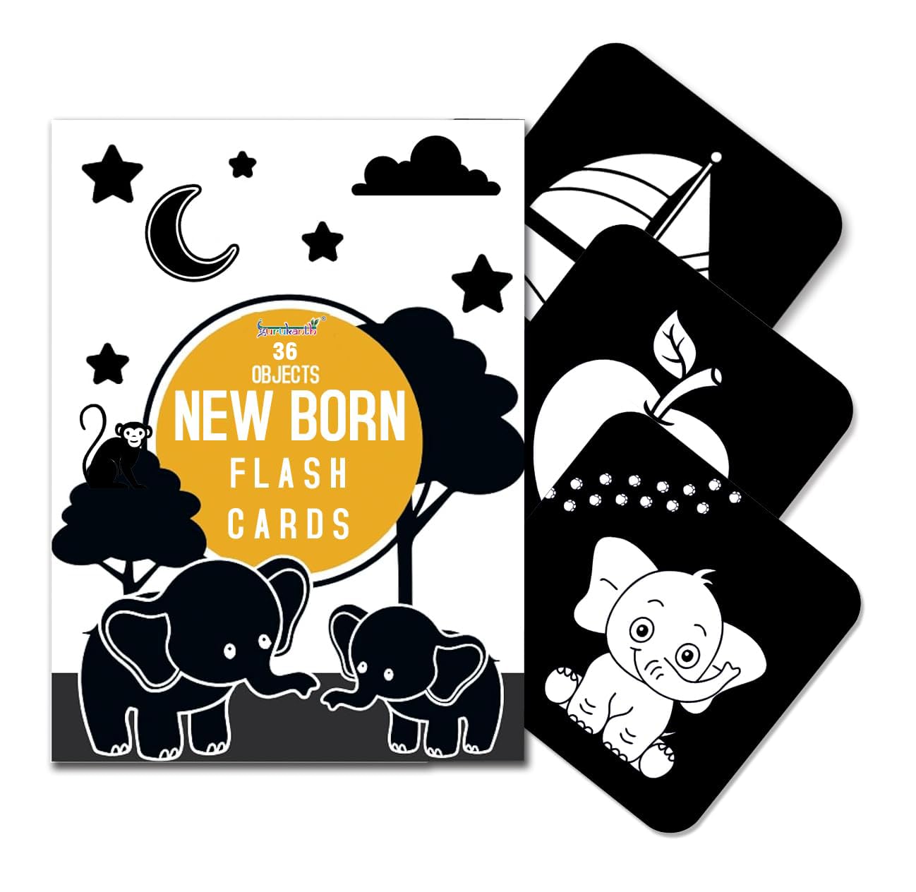 Gurukanth Premium High Contrast Flash Cards For New Born Children Educational Black & White 36 Objects | Visual Stimulation And
