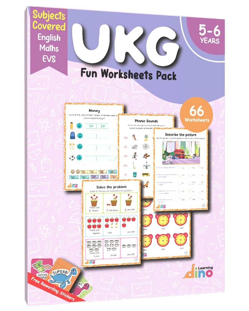 Ukg Worksheets  Fun Learning Pack Of 66 Pages For 5  7 Year Old Kids | Covers English, Maths And Evs | Free Rewarding Sticker 