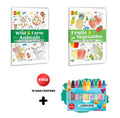 2 in 1 Copy to Colour  Fruits & Vegetables and Wild & Farm Animals with 10 Wax Crayons : Farm and food themes, Kids creative c