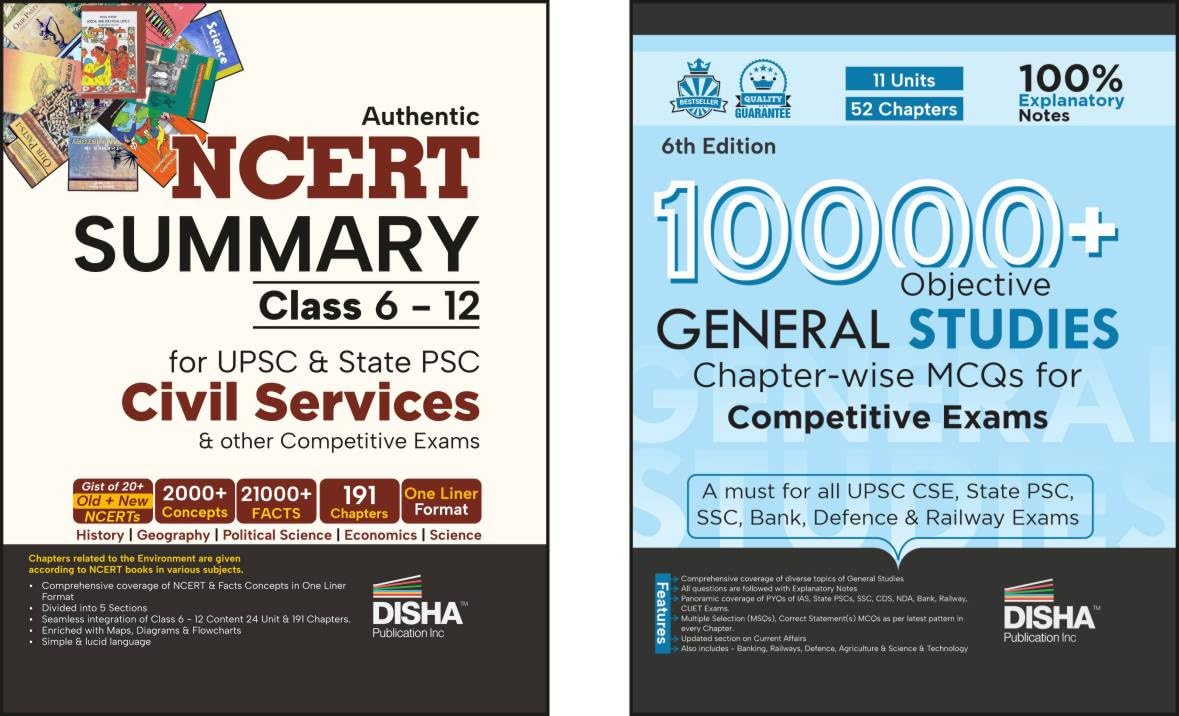 Disha Combo (Set Of 2 Books) Ncert Summary Class 6 To 12 With 10000+ Objective Mcqs For Competitive Exams | General Studies | Up