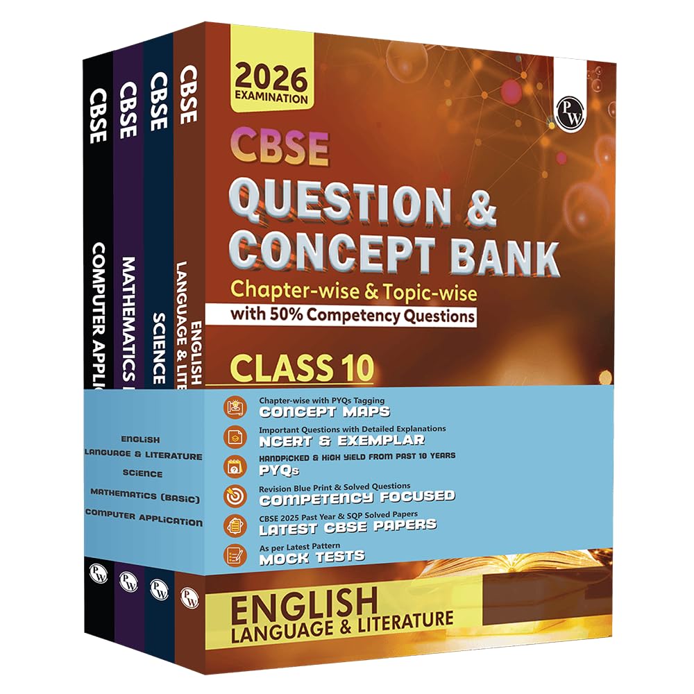 PW CBSE Question and Concept Bank (QCB) Class 10 English Language, Science, Mathematics (Basic), Computer Application Combo Set 