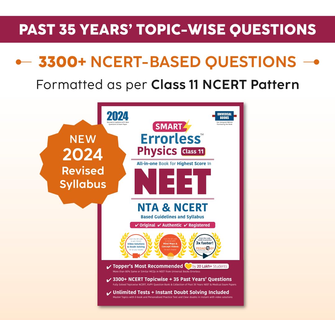 Smart Errorless Physics NEET Class 11 (2024)  NCERT Based | 3000+ NCERT & New Pattern Questions | 35 Past Years Papers | Free E