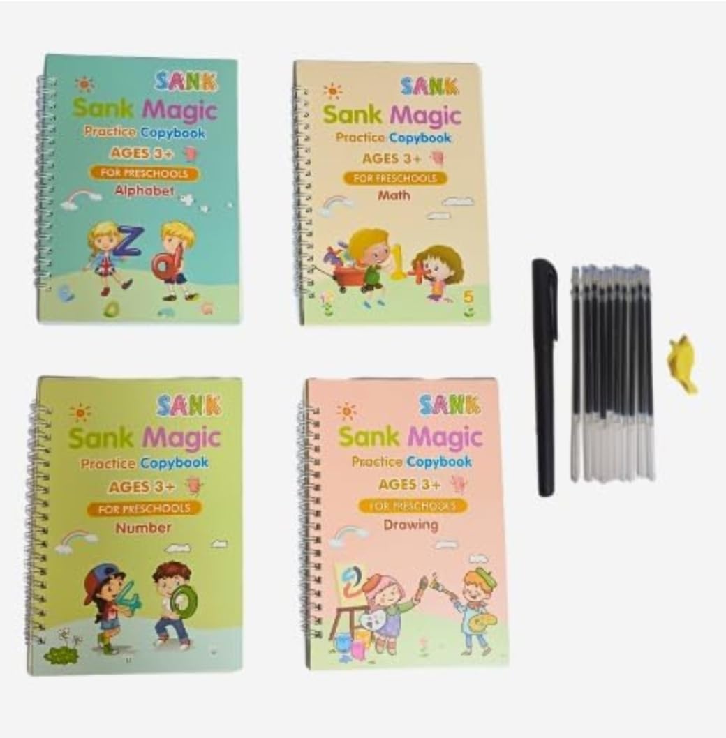 Sank Magic Practice Copy Book Set For Kids Set Of (4 Book +1 Pen +10 Refill) Copy Book Set For Better Hand Writing