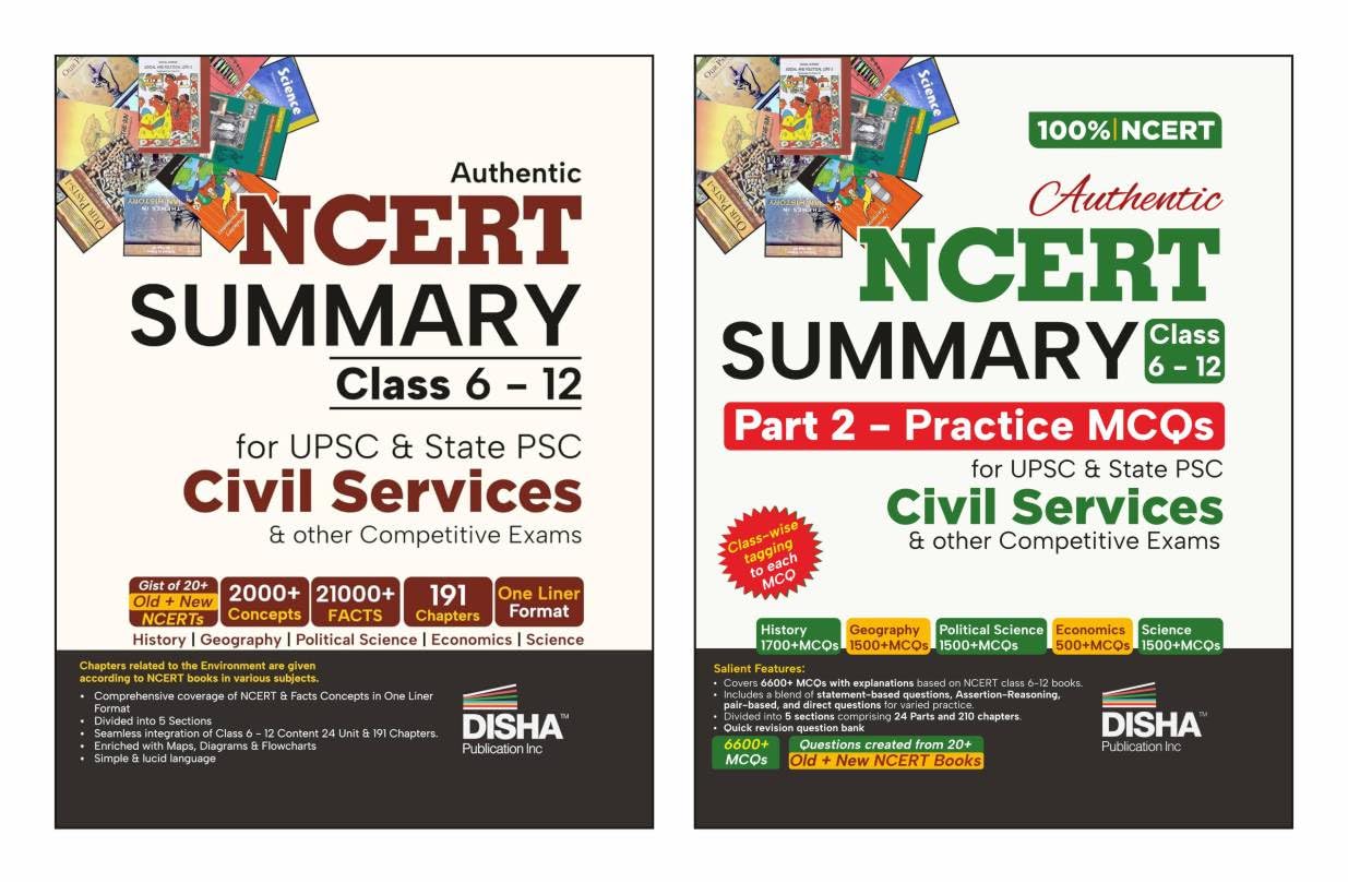Disha Combo (2 Books) Authentic Ncert Summary (Class 6 To 12) Part 1 & 2  One Liner Concepts & Practice Mcqs For Upsc & State P