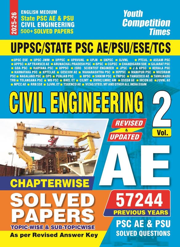 Youth Competition Times Civil Engineering Vol 2 Solved Papers, UPPSC State PSC AE PSU ESE TCS Exam Guide, 57244 Questions, Engli