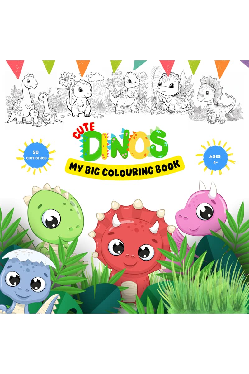 Cute Dino Colouring Book for Kids : 50 large print dinosaurs for kids to colour with blank pages in between each page to ensure 