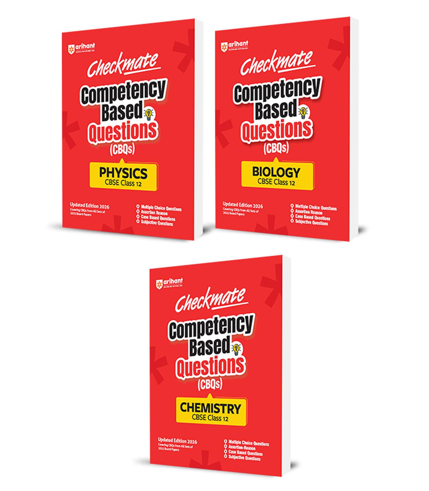 Arihant Checkmate PYQs + CBQs Physics, Chemistry, Biology For CBSE Class 12 | Past Board Exam Questions (20252019) with Compete