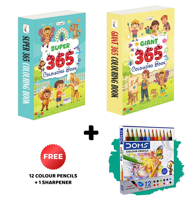 SUPER & GIANT  365 Colouring Books and 12 Colour Pencils + 1 Sharpener : Preschoolers colouring combo, vibrant art book set fo