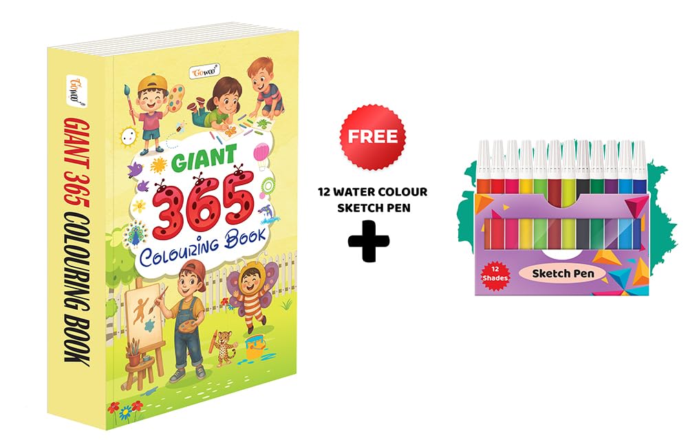 GIANT  365 Colouring Book and 12 Water Colour Sketch Pens : creative colouring for kids, allinone colouring set, giant colou