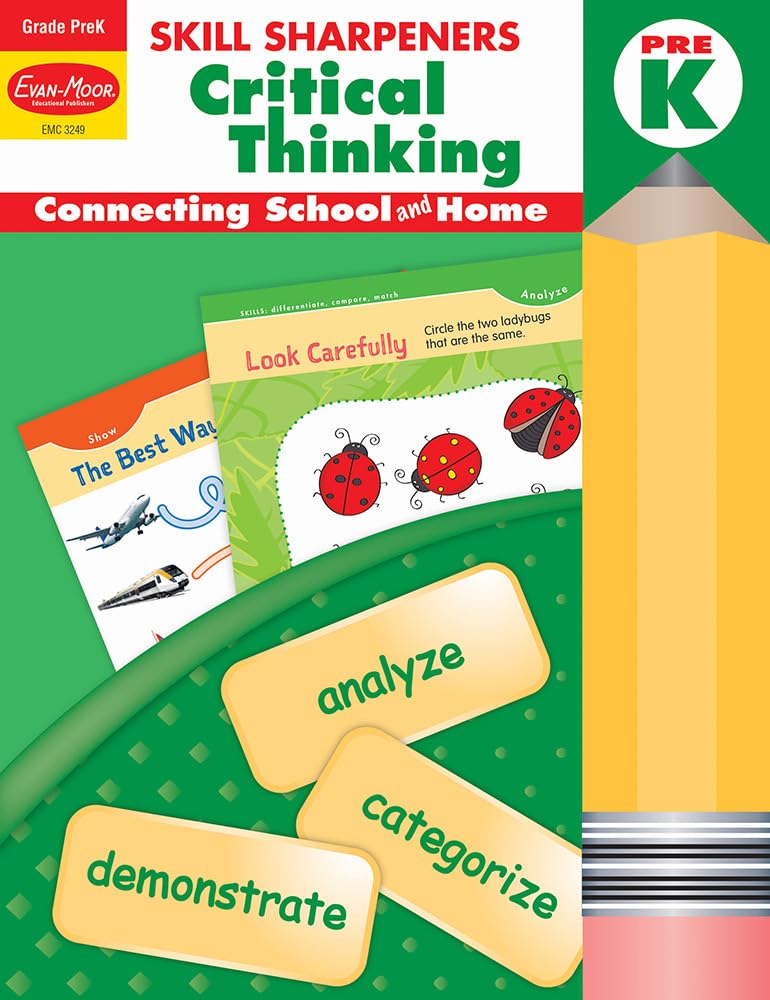 EvanMoor Skill Sharpeners Critical Thinking, PreK Workbook, Problem Solving Skills, Fun Activities, HigherOrder, OpenEnded Qu