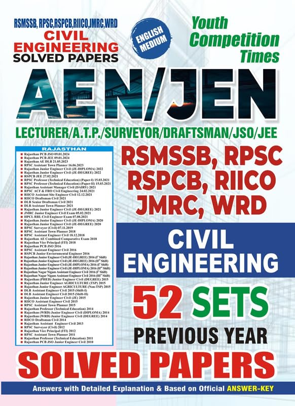 English Medium CIVIL Engineering Solved Papers RSMSSB, RPSC, RSPCB, RIICO, JMRC, WRD 52 Sets Previous Year Solved Papers