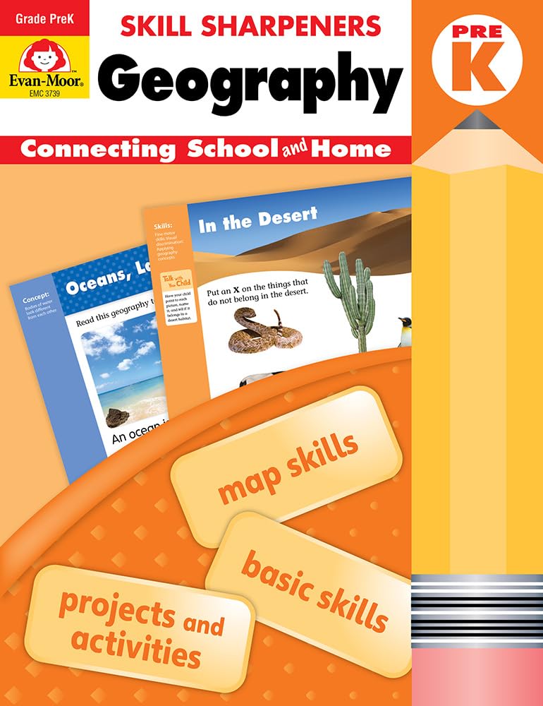 EvanMoor Skill Sharpeners: Geography Grade PreK Student Edition Supplemental and Home Enrichment Workbook, Map Concepts