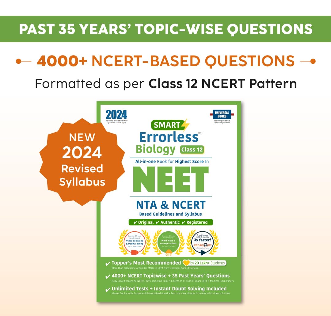 Smart Errorless Biology NEET Class 12 (2024)  NCERT Based | 4000+ NCERT & New Pattern Questions | 35 Past Years Papers | Free E
