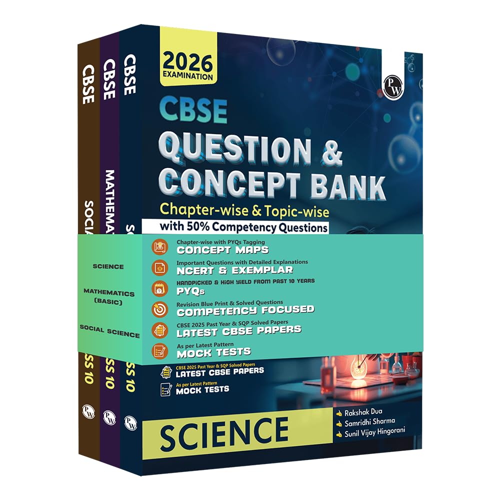 PW CBSE Question and Concept Bank (QCB) Class 10 Science, Mathematics (Basic) and Social Science Combo Set of 3 Books [Paperback
