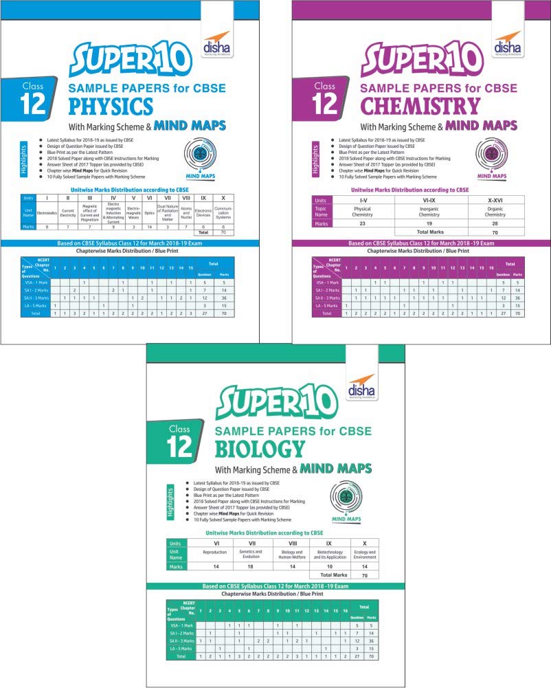 Super 10 Sample Papers for CBSE Class 12 Physics, Chemistry & Biology with Marking Scheme & MINDMAPS