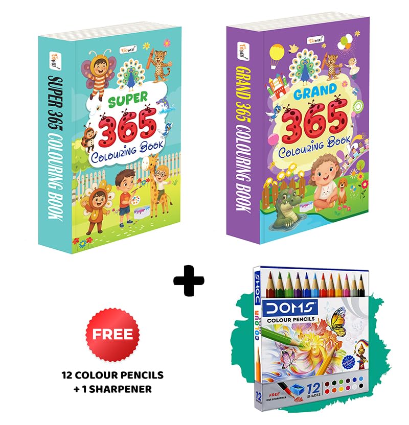 GRAND & SUPER  365 Colouring Books and 12 Colour Pencils + 1 Sharpener : creative gift set for young kids, toddler imagination