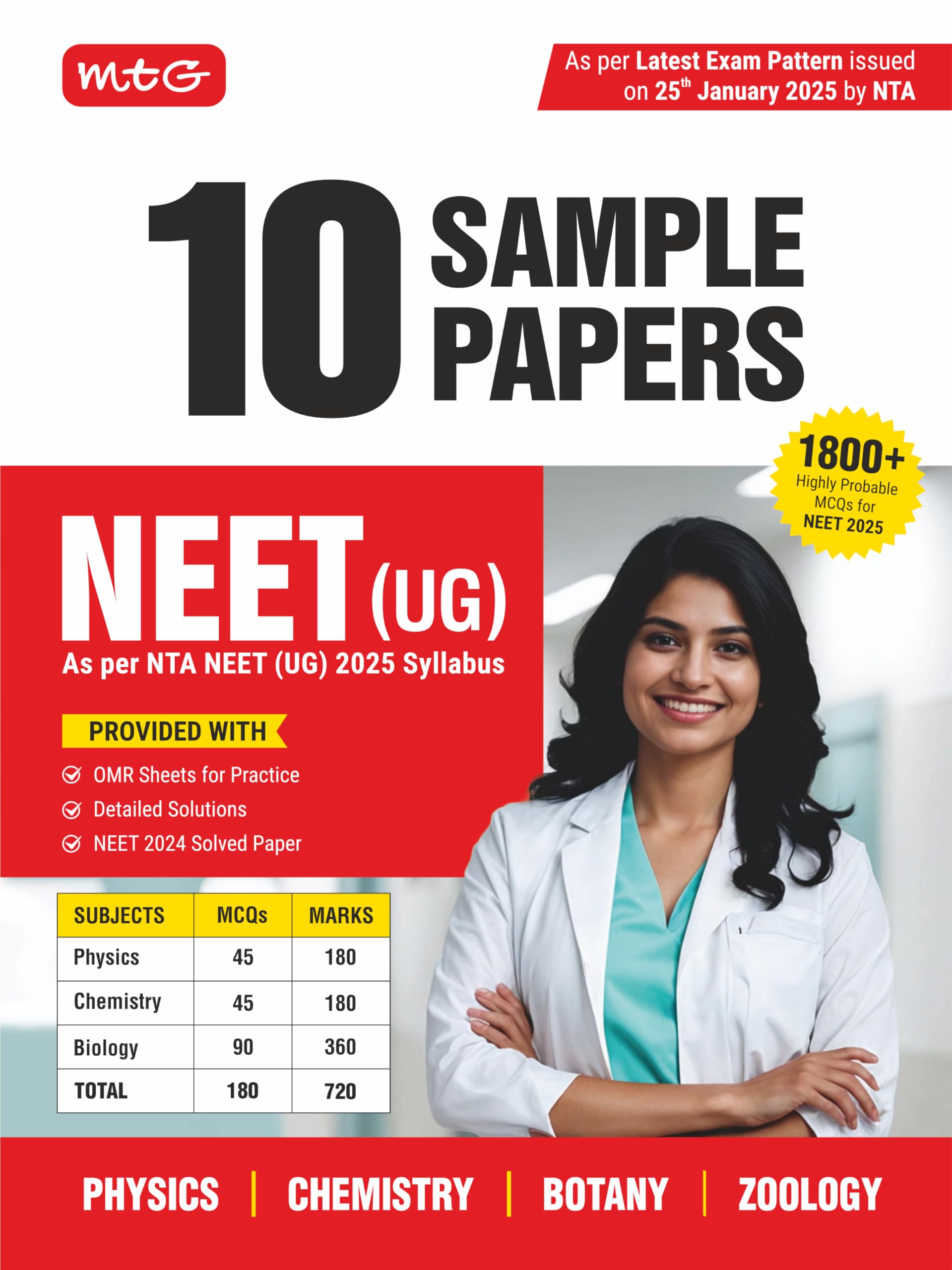 MTG NEET 10 Sample Papers as per NMC NEET UG 2025 Syllabus | NEET Mock Test Papers with OMR Sheet | 2000 Highly Probable MCQs