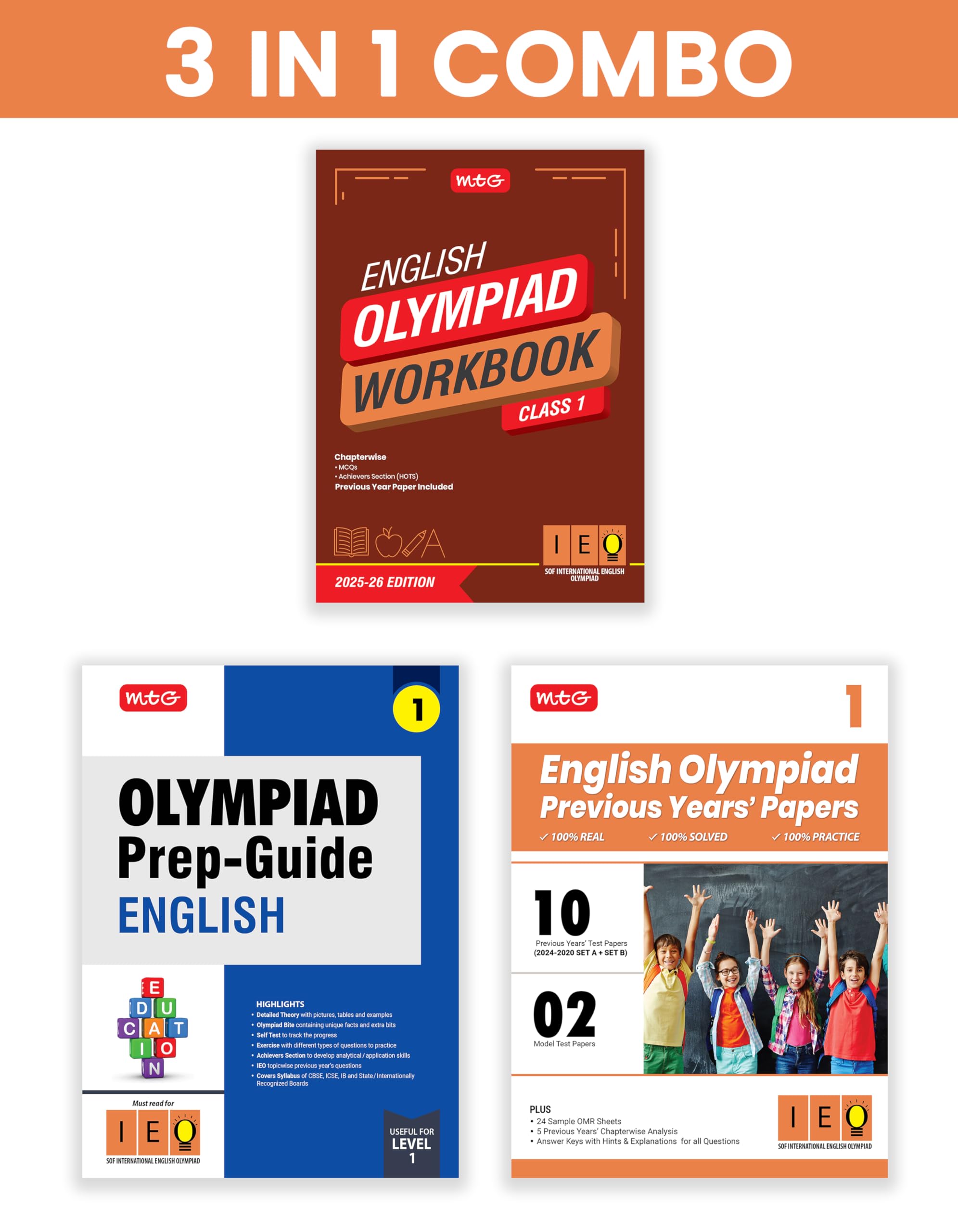 MTG Class1 International English Olympiad (IEO) Workbook, PrepGuide & Previous Years Papers (PYQs) with Mock Test Paper (Set o