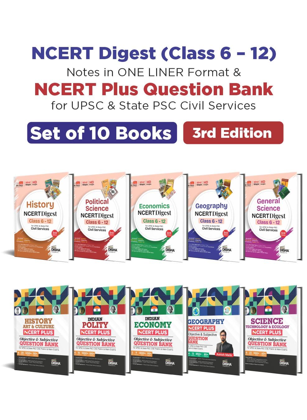 Disha Combo (10 Books) NCERT Digest (Class 6  12) Notes in ONE LINER Format & NCERT Plus Question Bank for UPSC & State PSC Civ