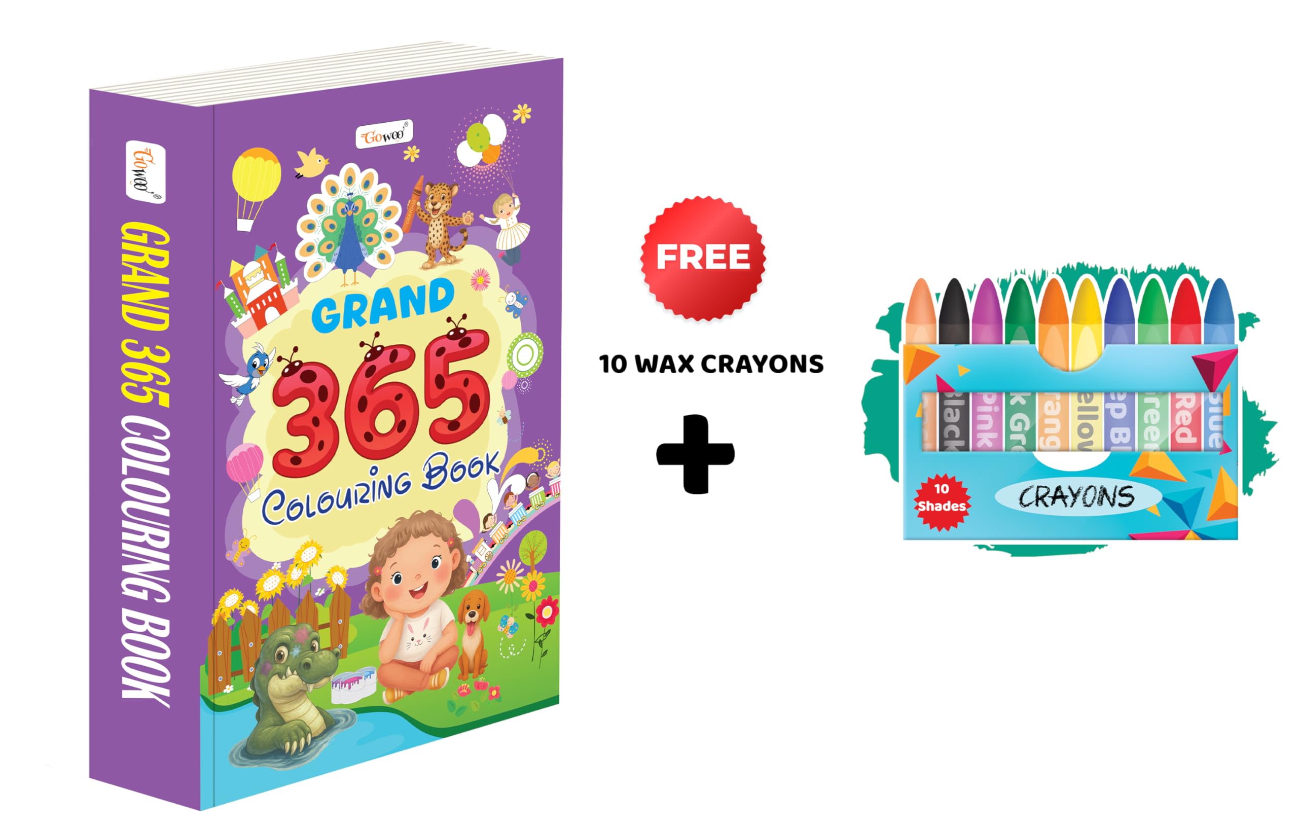 GRAND  365 Colouring Book and 10 WAX CRAYONS : kids colouring book combo, crayon colouring book, all in one colouring book, fu
