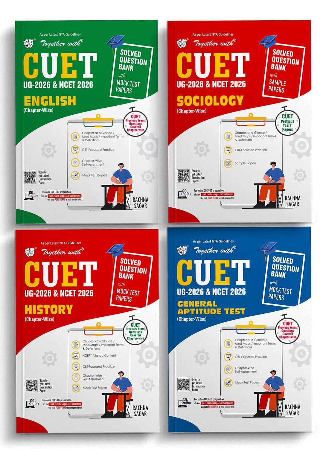 Together with CUET UG & NCET Question Banks for 2026 Exam | Combo of 4 Books English, Sociology, History & General Test Chapter