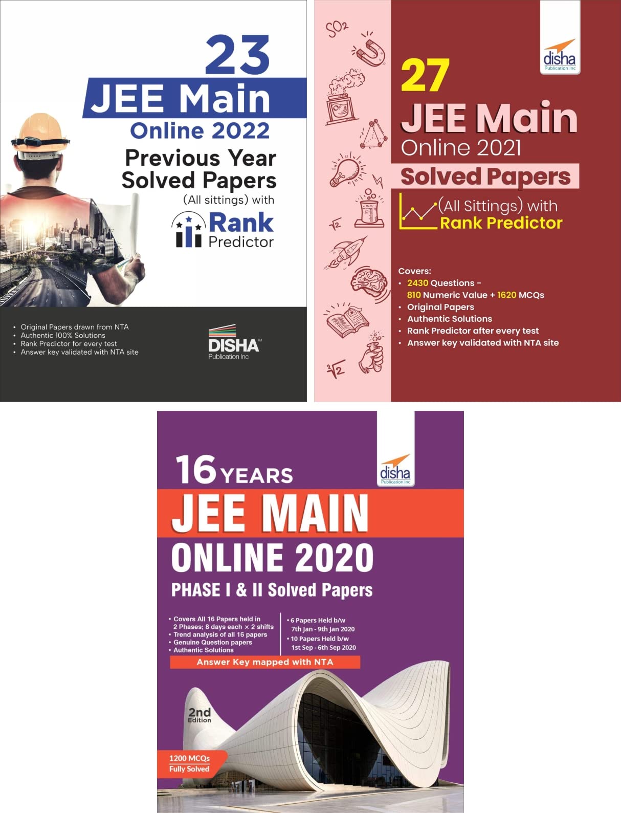 Disha 65 Jee Main YearWise Previous Year Solved Papers 2022  2020 (All Phases & Sittings) With Rank Predictor | Physics, Chemi