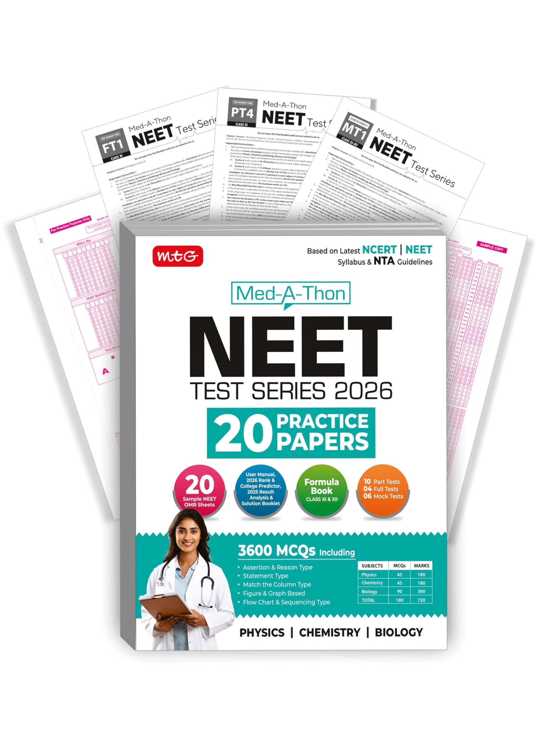 MTG MedAThon NEET Test Series For 20252026 Exam | 20 Practice Papers With Solution Booklet | 3600 Probable MCQs & OMR Sheet f