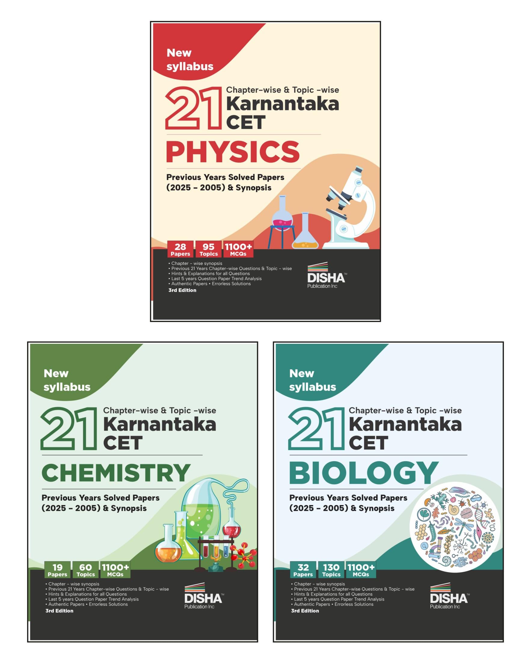 Disha Combo (3 Books) 21 ChapterWise & TopicWise Karnataka Cet Physics, Chemistry & Biology Previous Year Solved Papers (2025 