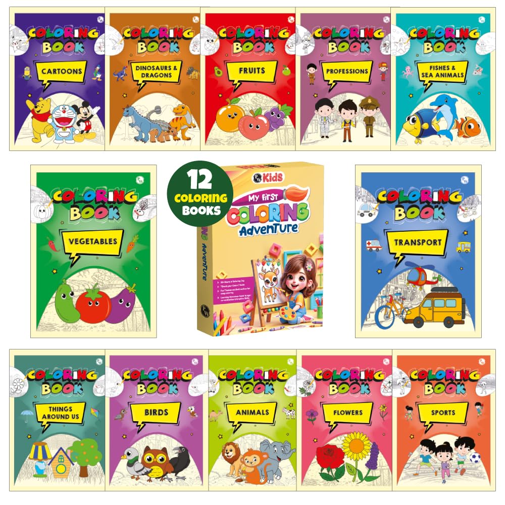 Set Of 12 Colour Time Colouring Book For Kids, Fun Activity Book For Boys & Girls, Drawing Book For Kids 35 Years Old, Birthday