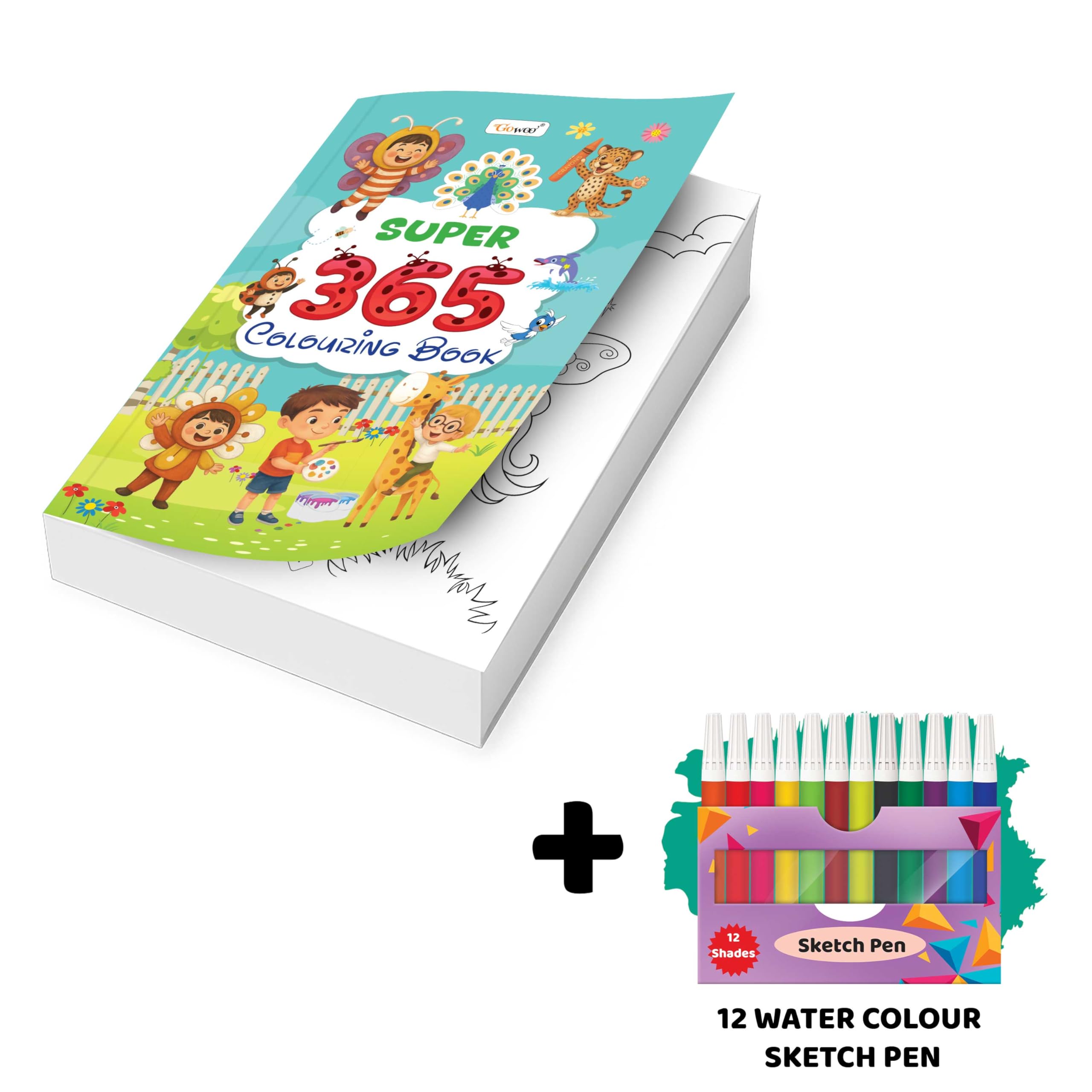 SUPER  365 Colouring Book and 12 Water Colour Sketch Pens : easy colouring book for kids with 12 water colour sketch pens, ima