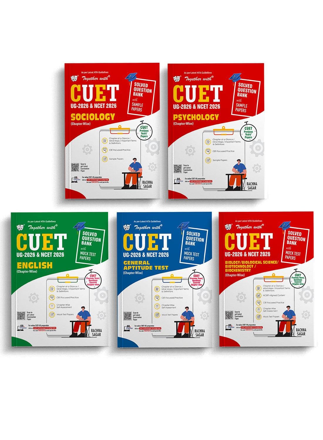 Together with CUET UG & NCET for 2026 Exam | Combo Set of 5 Books Psychology, Sociology, English, General Test & Biology Chapter