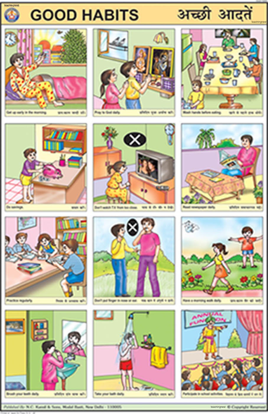 Cc18 | Teachingnest | Good Habits Chart (50X75Cm) | Charts For Children | With Rollers | English  Hindi Combined [Wall Chart]
