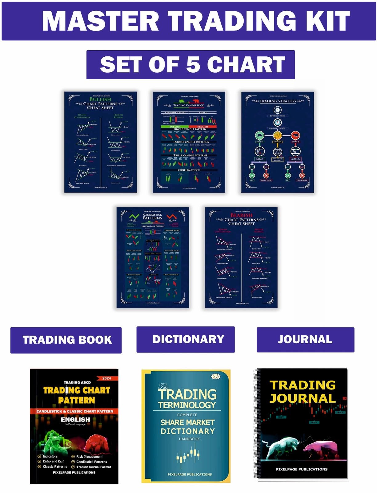 MASTER THE STOCK MARKET KIT : 5 TRADING CHART PATTERN POSTER + TRADING BOOK { TRADING ABCD } + TRADING DICTIONARY + TRADING JOUR