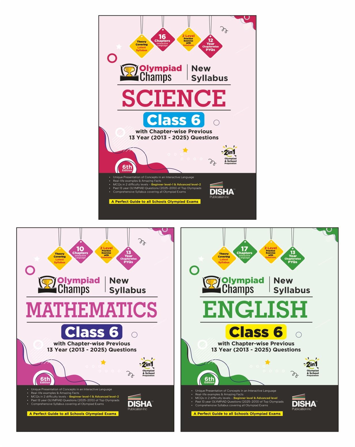 Disha Combo Class 6 (3 books) Olympiad Champs Science, Mathematics & English with Chapterwise Previous 13 Year (2025  2013) Qu